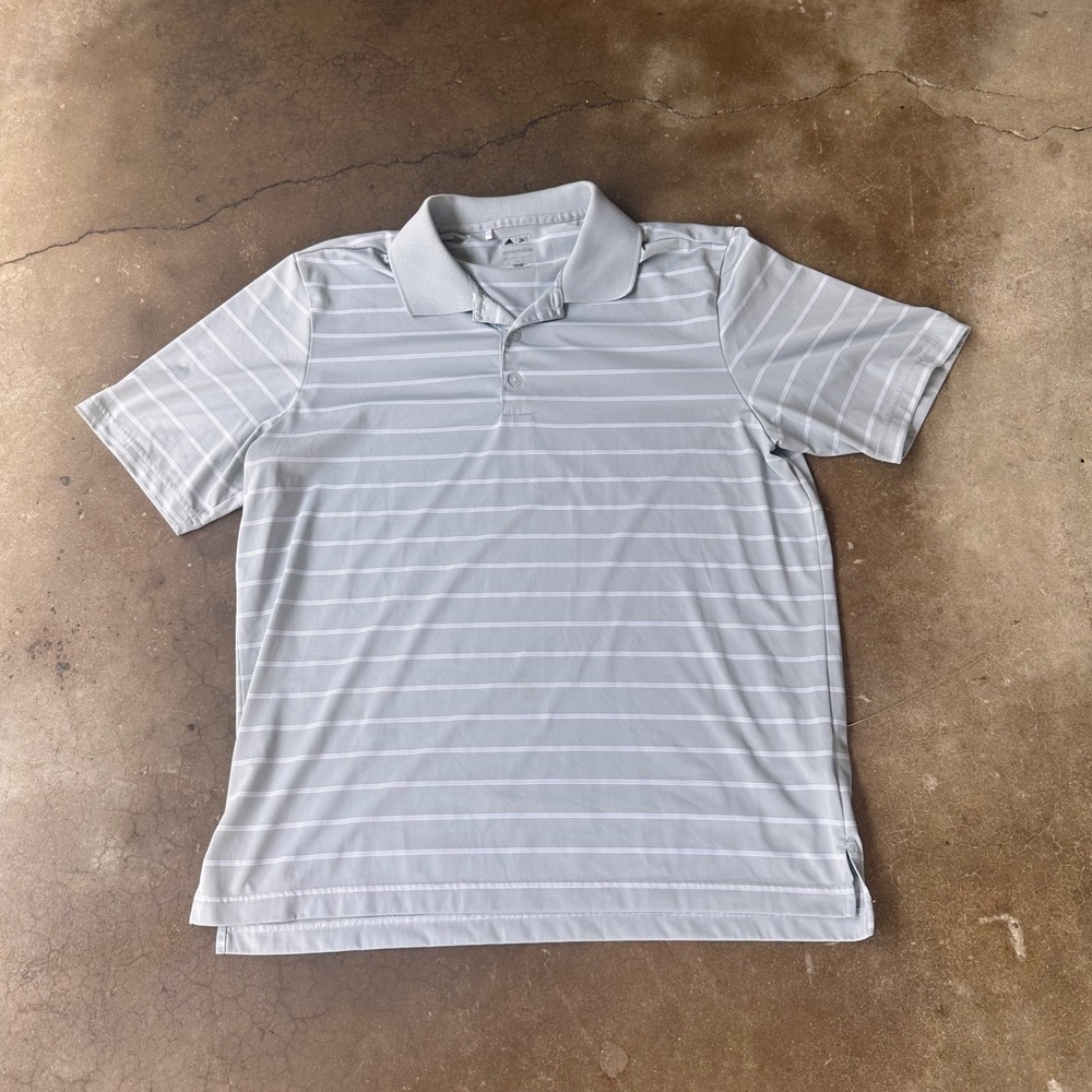 Adidas Golf Polo Shirt Mens Large Grey Excellent Striped Puremotion Short Sleeve